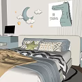 Bright Kids Room Interior With Bed Yellow Blanket Stuffed Toys And Moon Cloud Decor