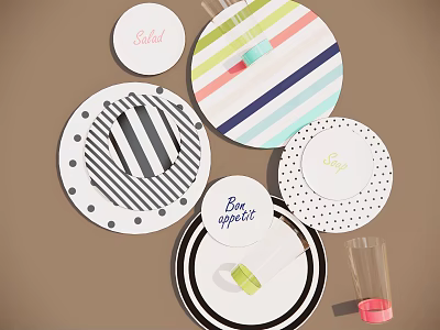 Colorful Dinnerware Set With Striped Polka Dot Plates And Clear Glasses For Table Setting 3d model
