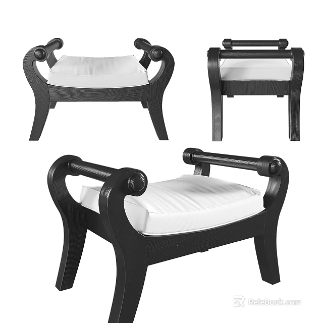 Classic Black Wooden Stool With Curved Armrests And White Padded Seat 3d model 