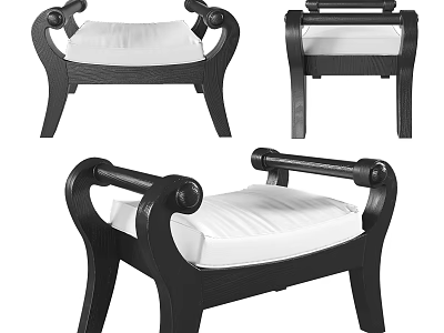 Classic Black Wooden Stool With Curved Armrests And White Padded Seat 3d model