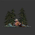 Lush Natural Forest Campsite With Tall Pine Trees Rocks And Burning Campfire