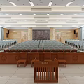 Courtroom Interior Design With Wooden Audience Seats Judge Bench And Large Screens