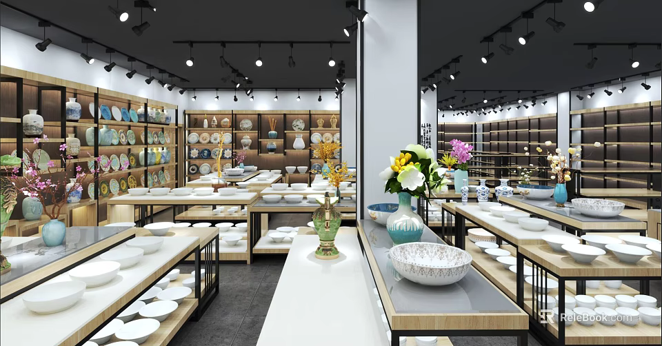 Modern Tableware Store Display With Shelves Plates Bowls And Decorative Vases 3d model 