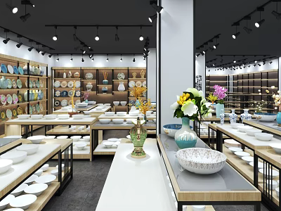 Modern Tableware Store Display With Shelves Plates Bowls And Decorative Vases 3d model
