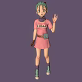 Cartoon Character With Green Hair Pink BUIMA Dress Purple Scarf And Waving Hand