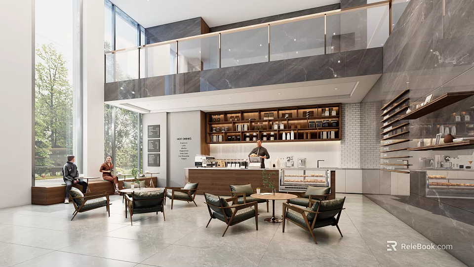 Modern Café with Double-Level Open Space Large Windows Wooden Furniture Bar Counter Bookshelves Guests Seated 3d model 