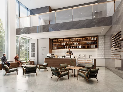 Modern Café with Double-Level Open Space Large Windows Wooden Furniture Bar Counter Bookshelves Guests Seated 3d model