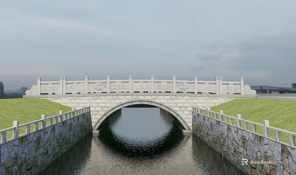 Classic Stone Arch Bridge Featuring Stone Railings Over Calm Water And Grass Banks 3d model 