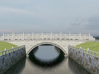Classic Stone Arch Bridge Featuring Stone Railings Over Calm Water And Grass Banks 3d model