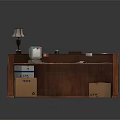 Wooden Reception Desk Setup With Table Lamp Printer Telephone Papers And Cardboard Boxes