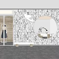 Modern Storefront Design With Gray Textured Wall Golden Logo Round Mirror And Glass Door