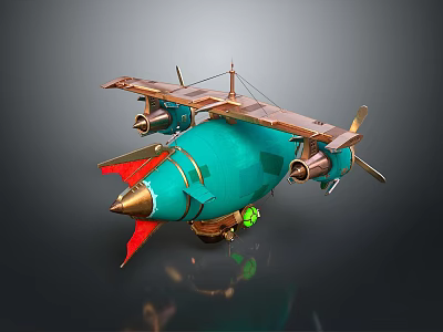 Steampunk Turquoise Airship Model With Gold Accents Red Tail Fins And Propellers 3d model