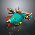 Steampunk Turquoise Airship Model With Gold Accents Red Tail Fins And Propellers