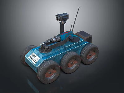 Blue Robotic Vehicle With Four Wheels Camera Antenna And Mechanical Arm 3d model