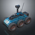 Blue Robotic Vehicle With Four Wheels Camera Antenna And Mechanical Arm