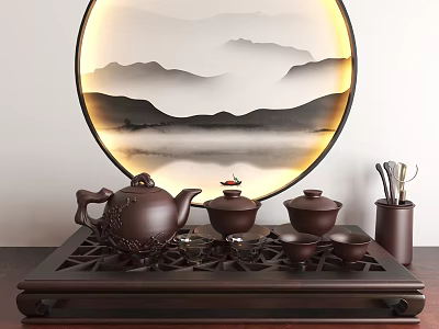Traditional Chinese Tea Set with Teapot Cups Caddies on Wooden Tray and Circular Mountain Painting 3d model
