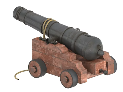 Historical Antique Iron Barrel Cannon Weapon With Wooden Carriage Wheels And Ropes 3d model