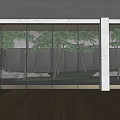 Modern Garden Landscape View Through Glass Windows With Trees Green Grass And Wooden Floor