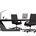 Modern Sleek Office Desk With Two Black Leather Chairs Desk Lamp And Computer