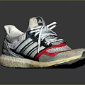 Gray And White Running Shoes With Red Accents Mesh Upper And Three Stripes Design