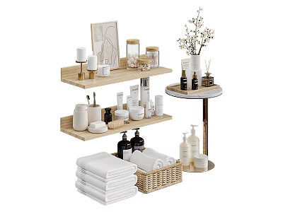 Modern Bathroom Storage With Wooden Shelves Towels Basket Candles And Scented Items 3d model