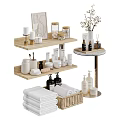 Modern Bathroom Storage With Wooden Shelves Towels Basket Candles And Scented Items