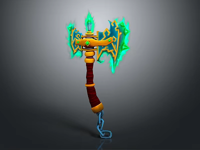 Mythical Enchanted Axe With Green Flames Yellow Red Handle And Blue Chain 3d model