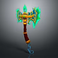 Mythical Enchanted Axe With Green Flames Yellow Red Handle And Blue Chain