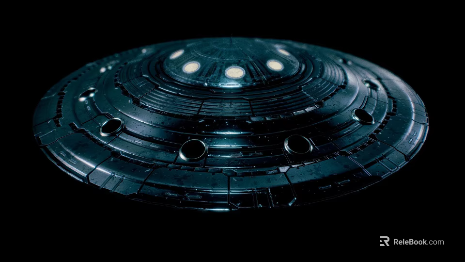 Mysterious Circular UFO With Illuminated Lights And Metallic Surface 3d model 
