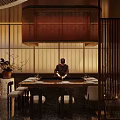 Japanese Restaurant Traditional Dining Area With Chef Preparing Food And Warm Ambient Lighting