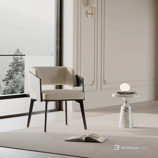 Modern Beige Upholstered Dining Chair With Black Frame And Marble Side Table 3d model 