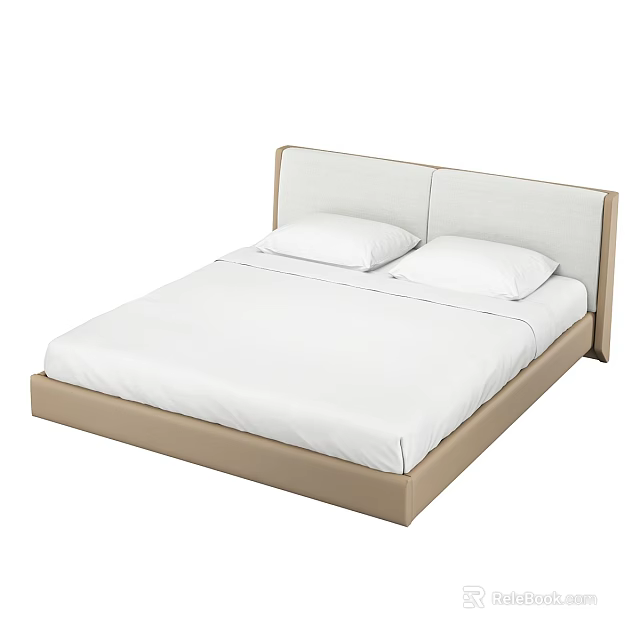 Modern Double Bed With White Sheets Two Pillows And Light Headboard 3d model 