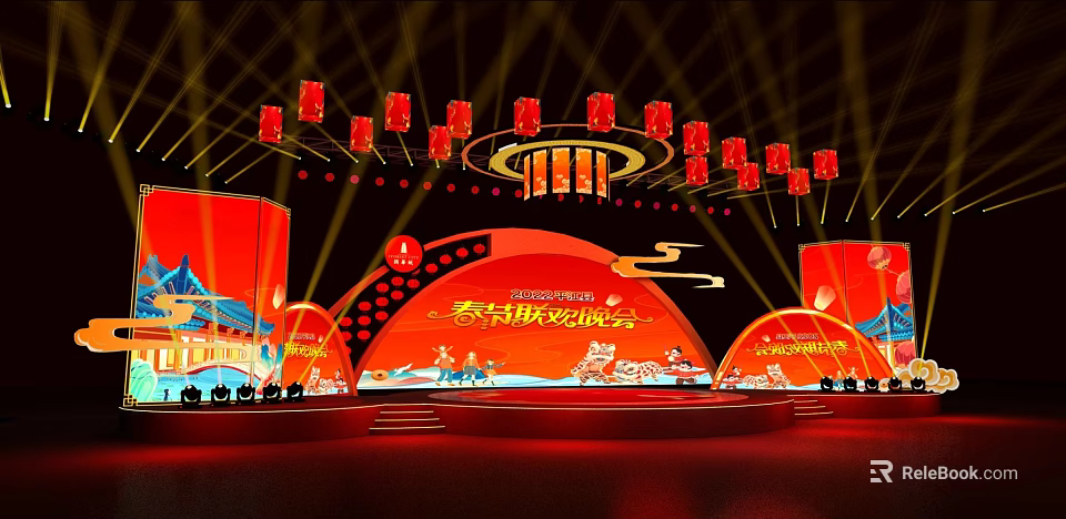 Spring Festival Gala Stage With Red Decorations Lanterns And Cloud Patterns 3d model
