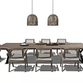 Modern Wooden Dining Table Set With Rattan Chairs And Hanging Pendant Lights