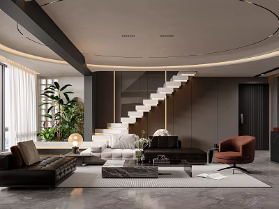 Modern Duplex Living Room Interior With Staircase Sofa Plants And Floor to Ceiling Windows 3d model