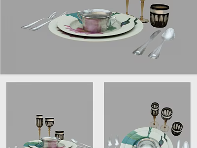 Elegant Ceramic Dinnerware Set with Plates Cups Cutlery and Floral Patterns 3d model