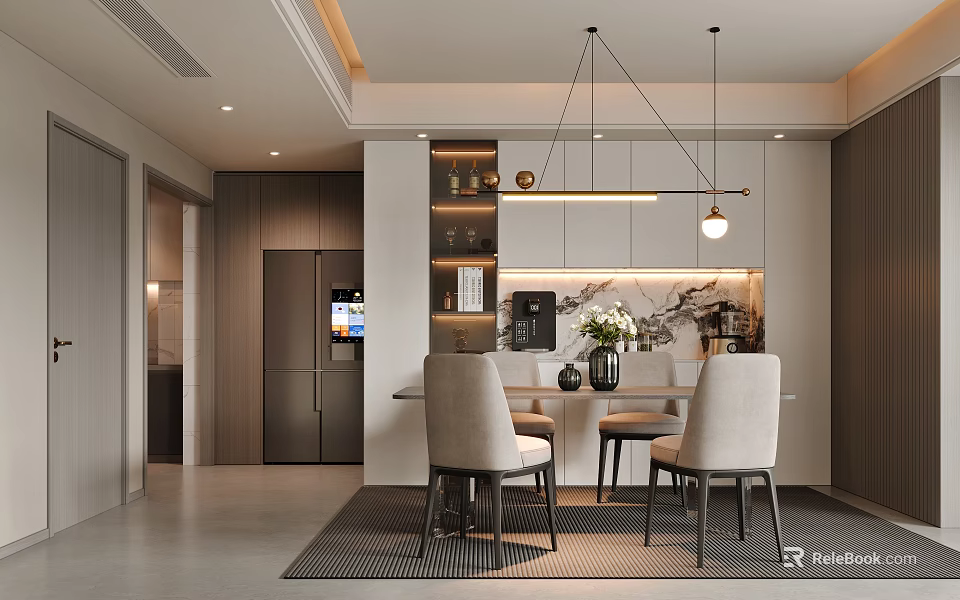 Modern Restaurant Interior With Dining Table Four Chairs Pendant Lights Kitchen Cabinets And Vase Decor 3d model 