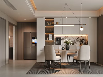 Modern Restaurant Interior With Dining Table Four Chairs Pendant Lights Kitchen Cabinets And Vase Decor 3d model