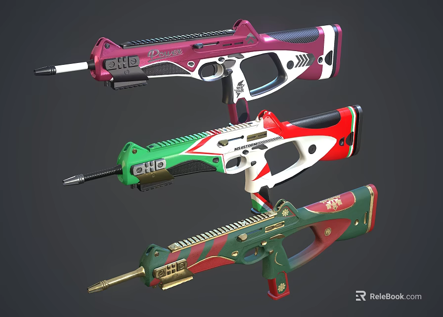 GHC Branded Colorful Tactical Weapons With Red Green Gold And White Designs 3d model 