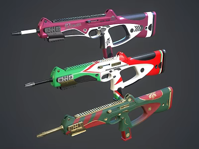 GHC Branded Colorful Tactical Weapons With Red Green Gold And White Designs 3d model