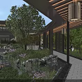 Serene Courtyard Garden With Pond Greenery Stone Path Wooden Pergola And Hanging Lanterns