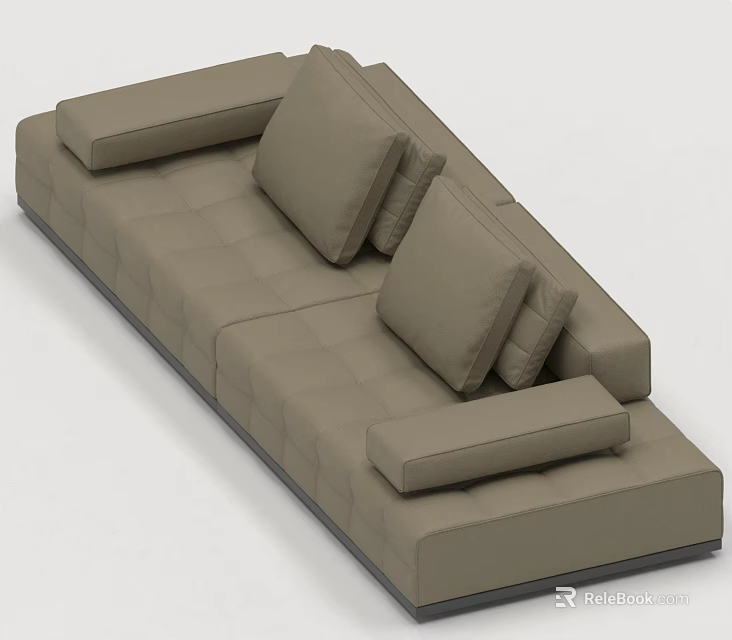 Modern Three Seater Sofa With Tufted Design And Neutral Tone Cushions 3d model