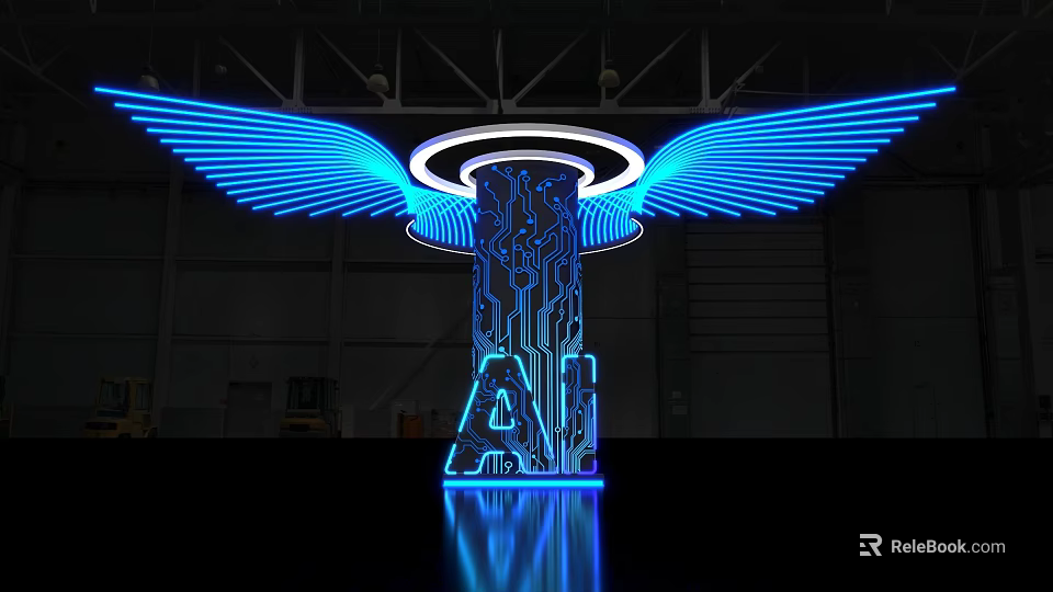 Illuminated Exhibition Island With Blue Neon Wings And AI Tech Design Elements 3d model 
