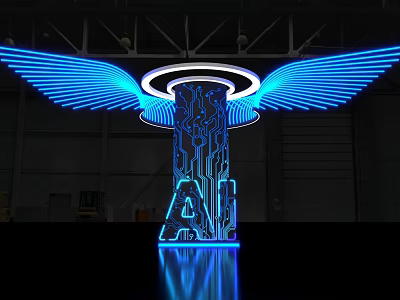 Illuminated Exhibition Island With Blue Neon Wings And AI Tech Design Elements 3d model
