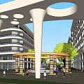 Modern Multistory Curved Buildings With Glass Walls Plaza People And Red Sculpture