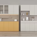 Modern Yellow And White Sideboard With Glass Door Cabinets And Decorative Shelves