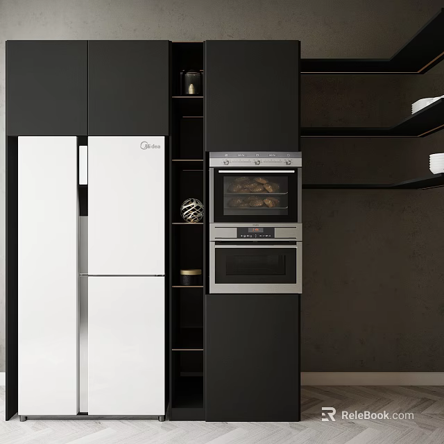 Modern Kitchen Interior With White Refrigerator Black Cabinets And Built in Oven 3d model 