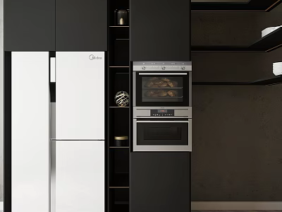Modern Kitchen Interior With White Refrigerator Black Cabinets And Built in Oven 3d model