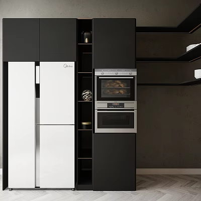 Modern Kitchen Interior With White Refrigerator Black Cabinets And Built in Oven 3d model