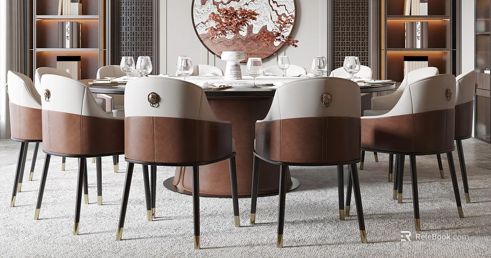 Modern Dining Room Round Table With Brown White Leather Chairs And Tableware Decor 3d model